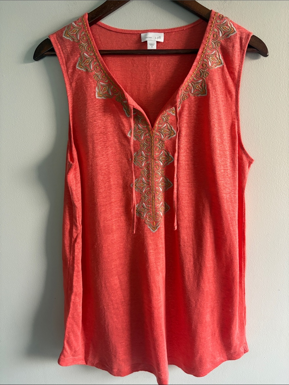 J. Jill Pure Jill 100% Linen Embroidered Sleeveless Tunic Top Coral Medium